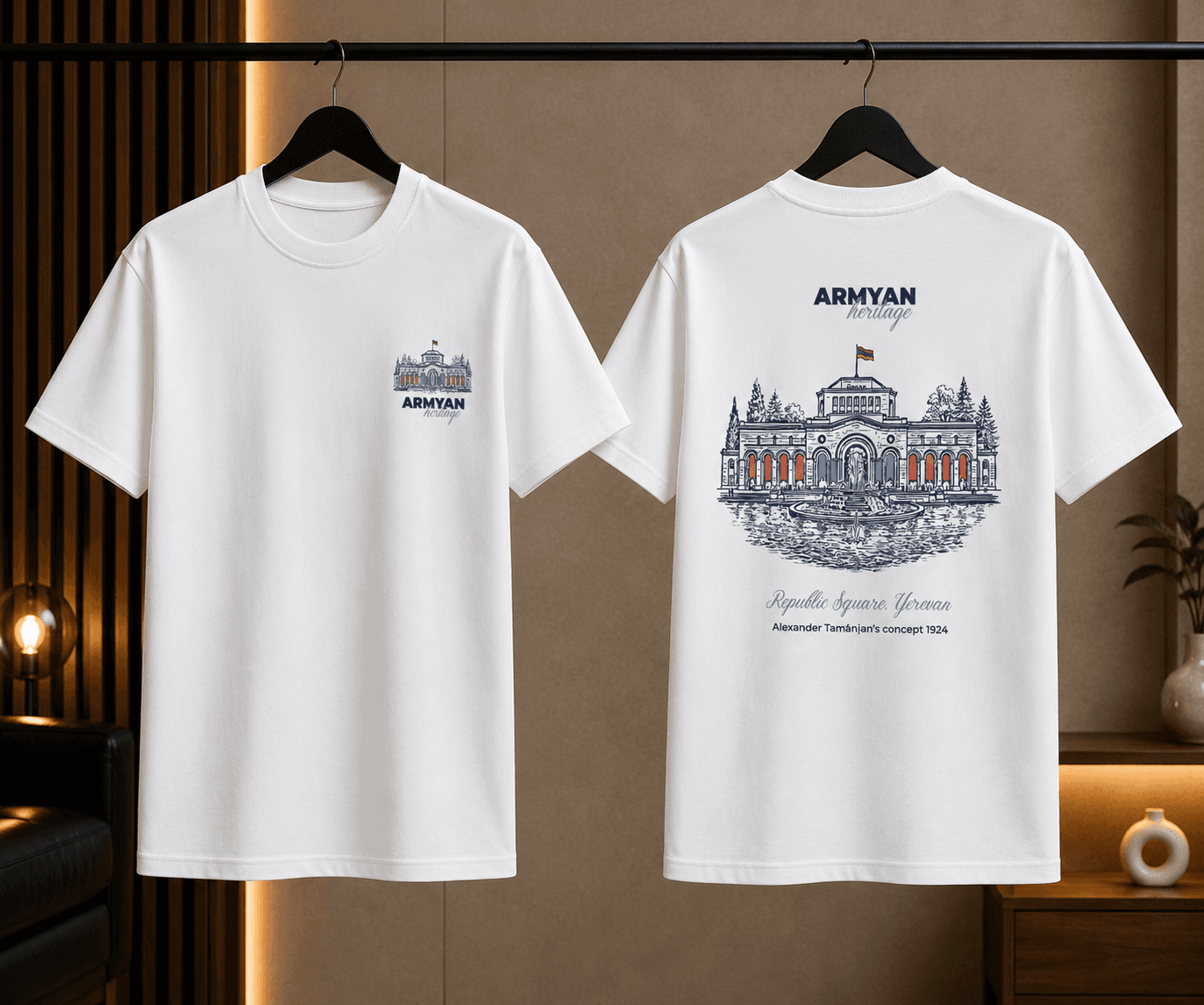 ARMYAN Hraparak Heritage T-Shirt — front and back on display rack, Republic Square Yerevan