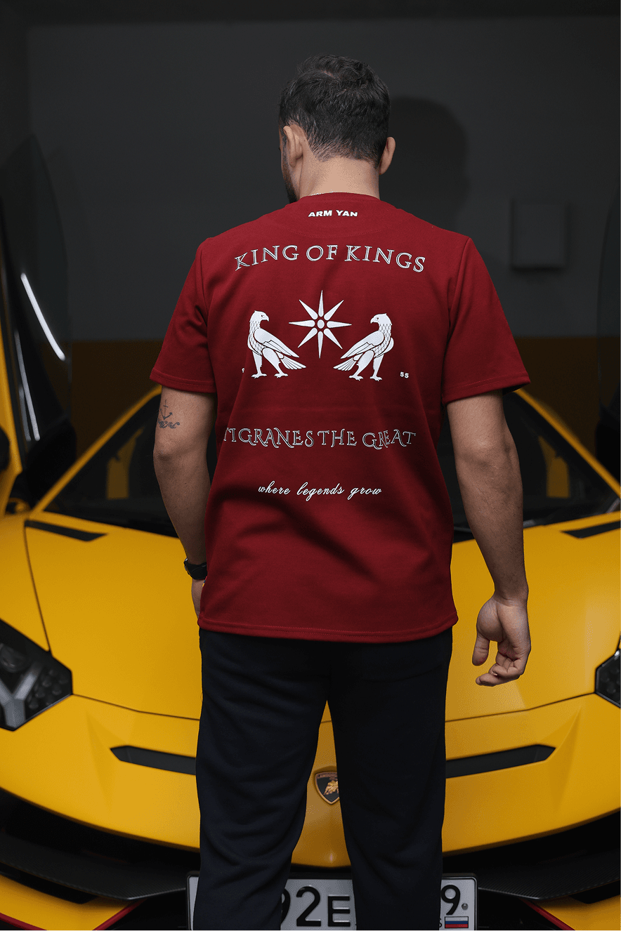 Model wearing ARMYAN red tee — street campaign